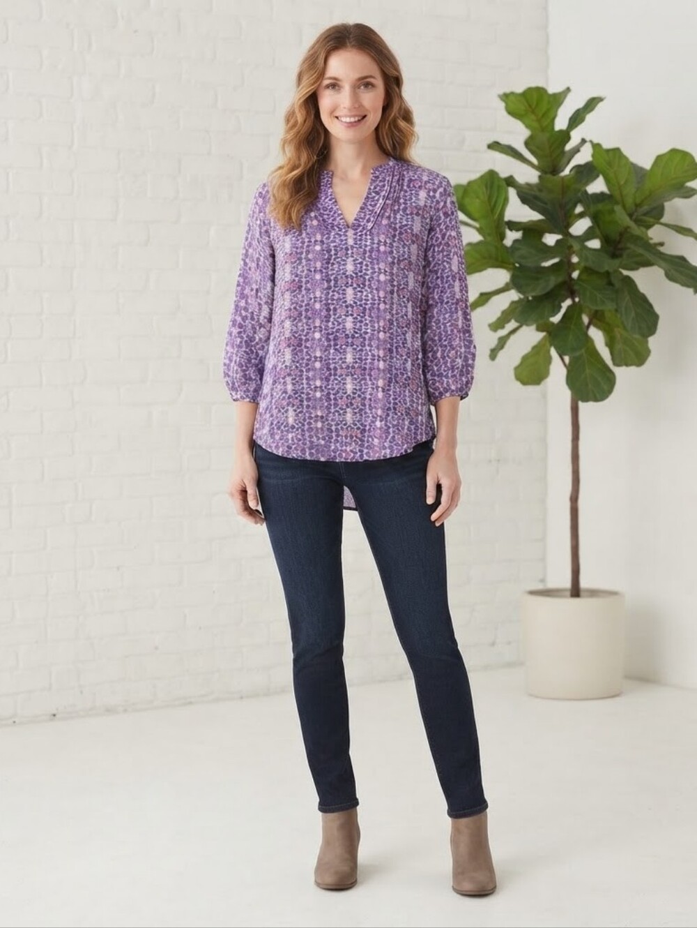 Coldwater Creek Pleated V-Neck Tunic Blouse Purple Medallion Print Large L 14